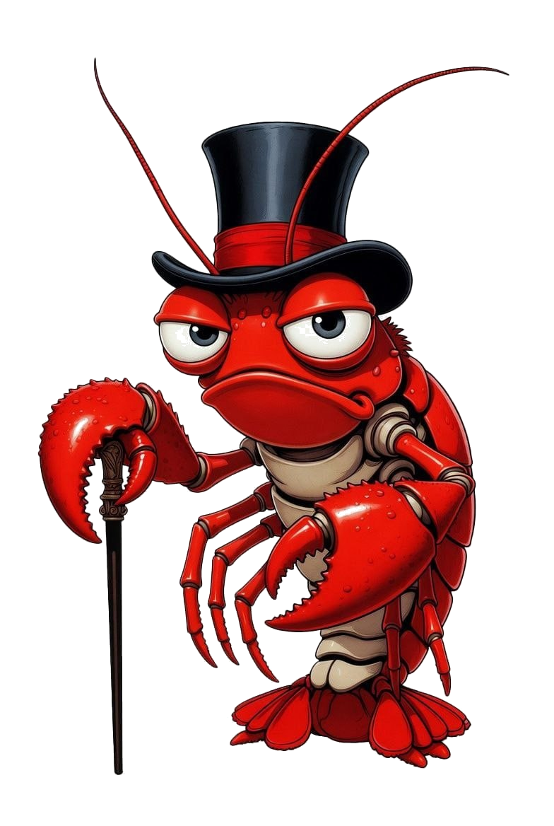 InkThorn mascot — a dapper red lobster
